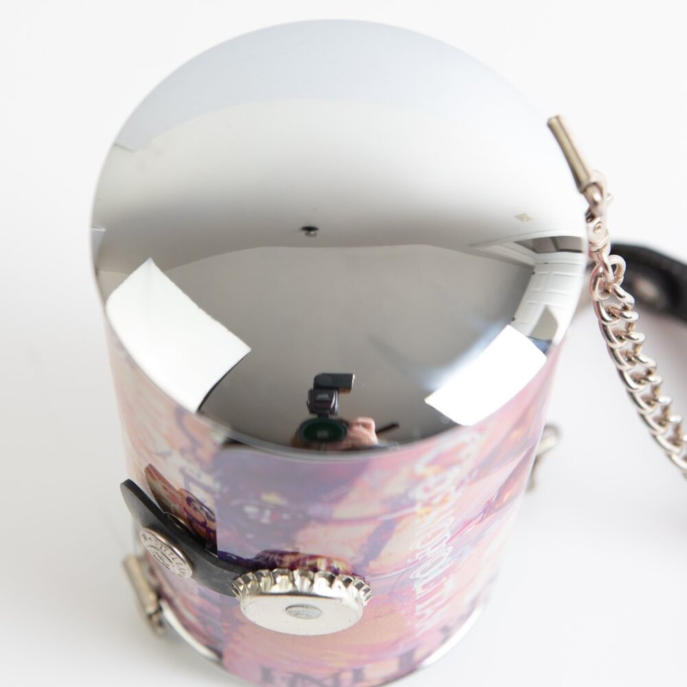 Little Earth Unique Metal Purse Cosmopolitan Theme Chain Strap Bag Pink Purple - Picture 5 of 9